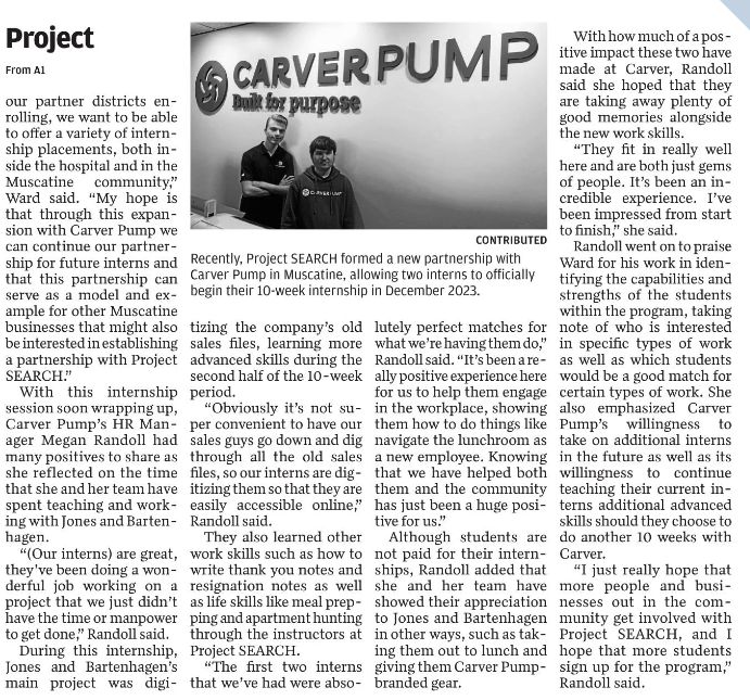 Muscatine Journal screenshot from Feb 29, 2024 featuring an article on Project Search interns at Carver Pump includes a photo of Nate and Gabe. 